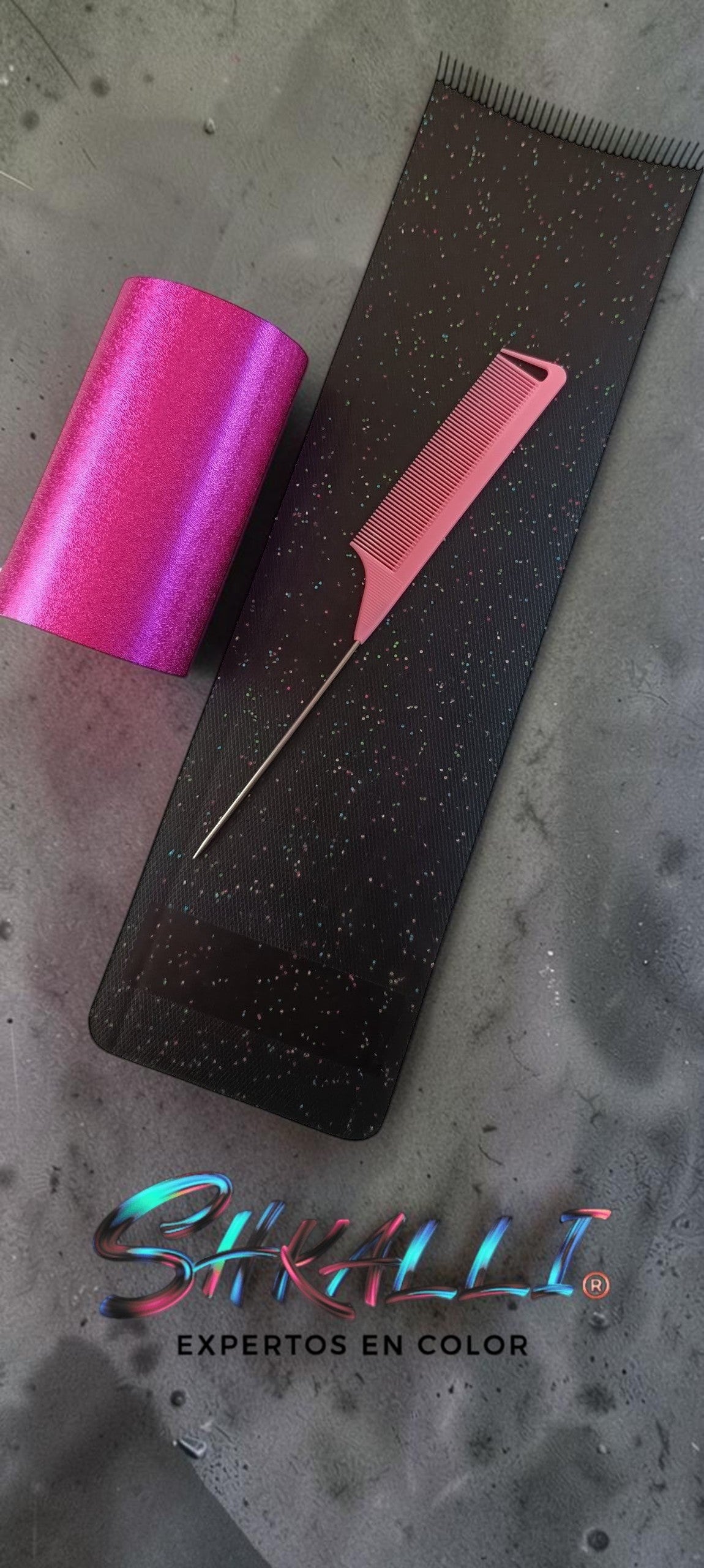 Set SHKALLI Junio 2026 con tabla dentada negra, rollo de aluminio magenta y peine de cola a juego para peluquería